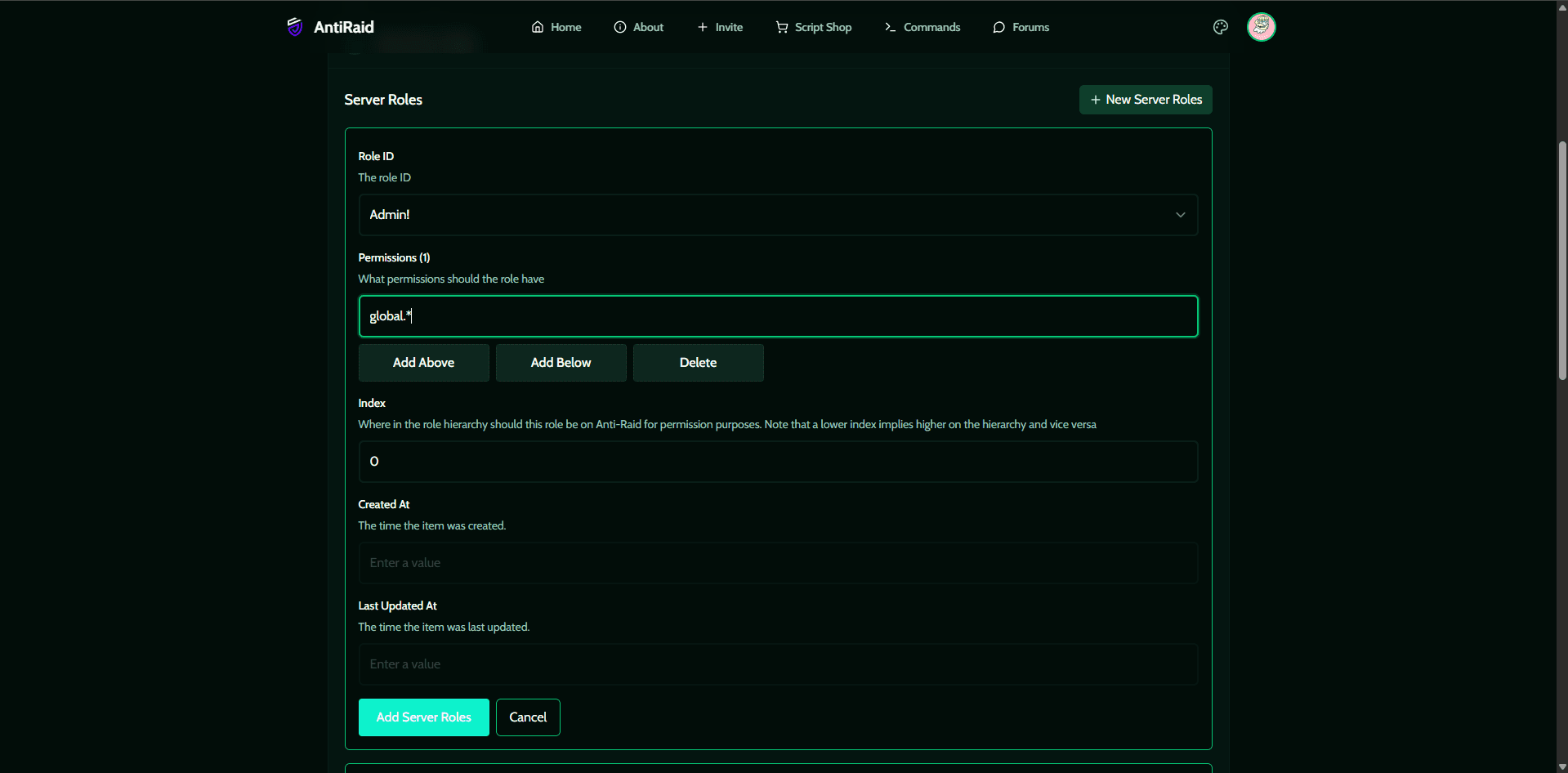 Screenshot of the permissions setup page